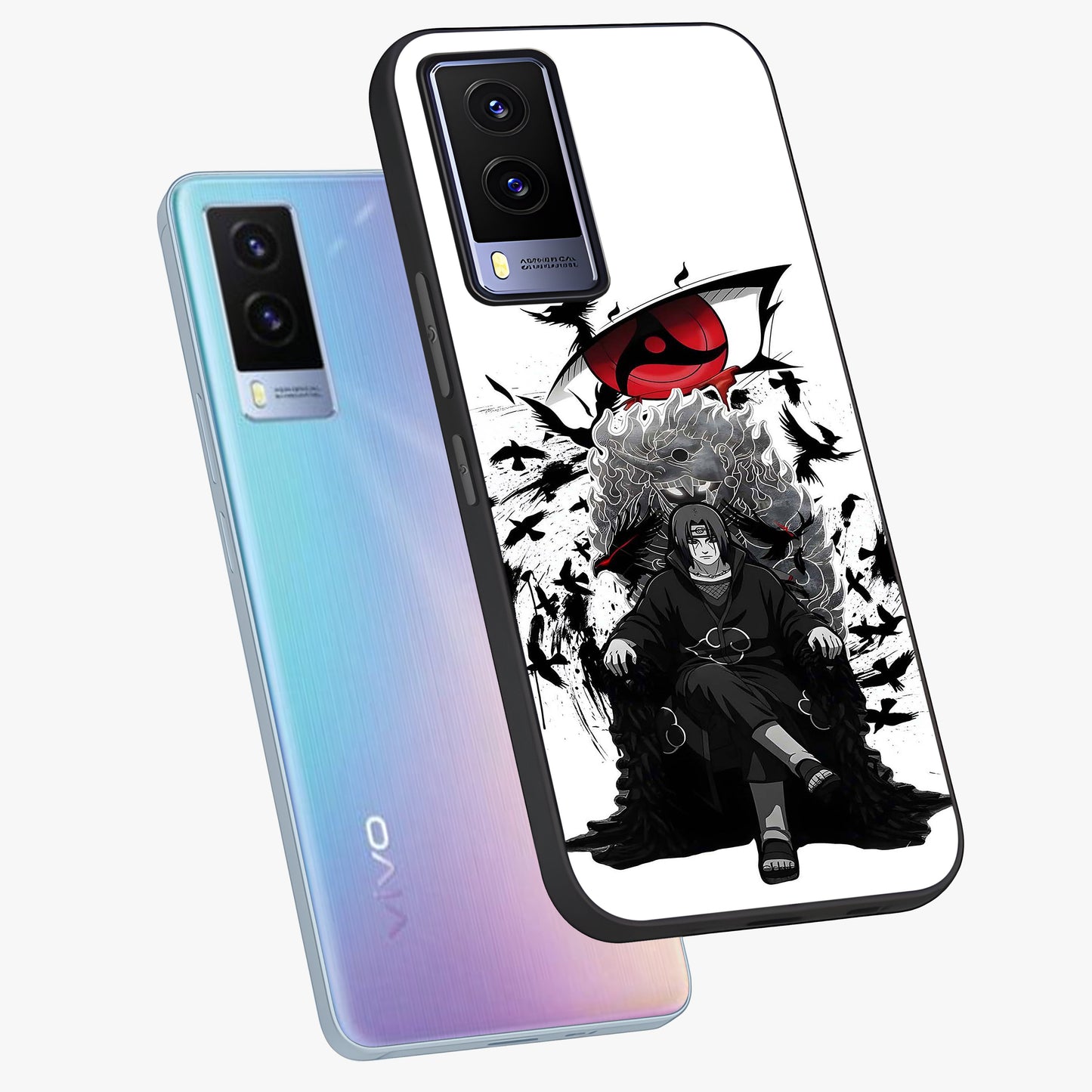 Uchiha Shadow Throne Glass Case displayed in angled mockup highlighting glowing aquatic design with celestial aesthetic.