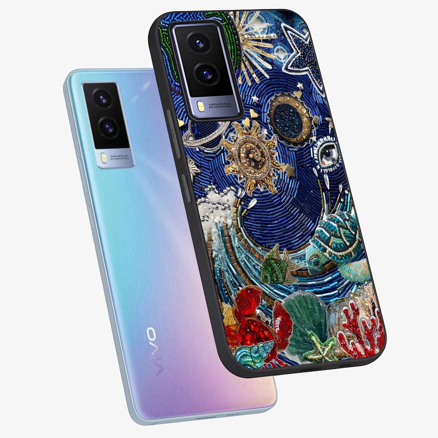 Universe Underwater Spark Glass Case displayed in angled mockup highlighting glowing aquatic design with celestial aesthetic.