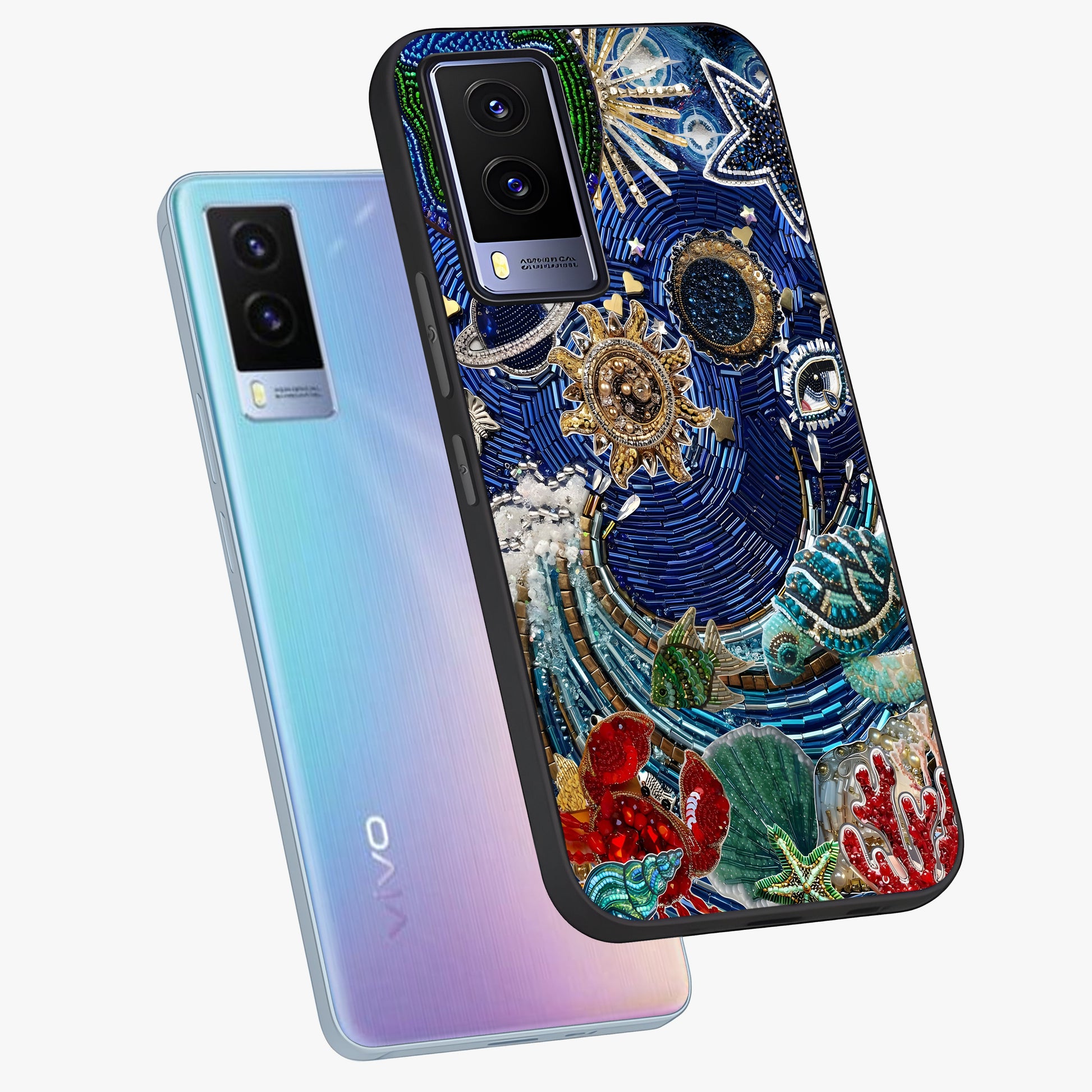 Universe Underwater Spark Glass Case displayed in angled mockup highlighting glowing aquatic design with celestial aesthetic.