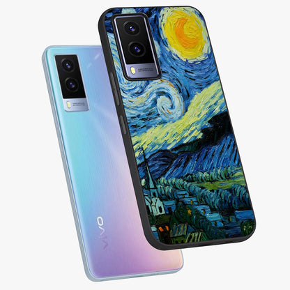 Van Gogh Art Glass Case displayed in angled mockup highlighting swirling brushstroke design with artistic aesthetic.
