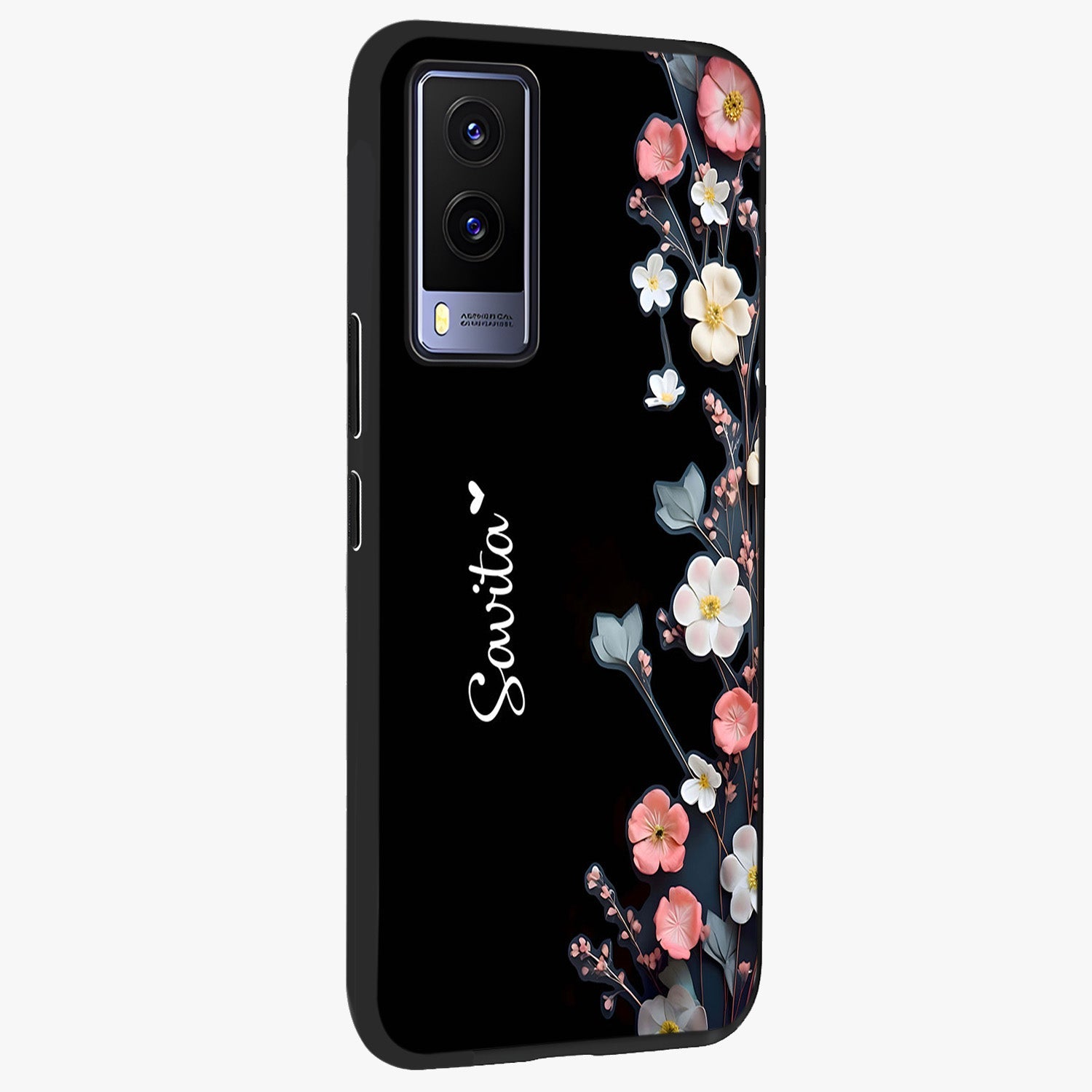 Black Elegance Floral Custom Name Glass Case upright view showcasing luxurious black floral design with personalized name detail.