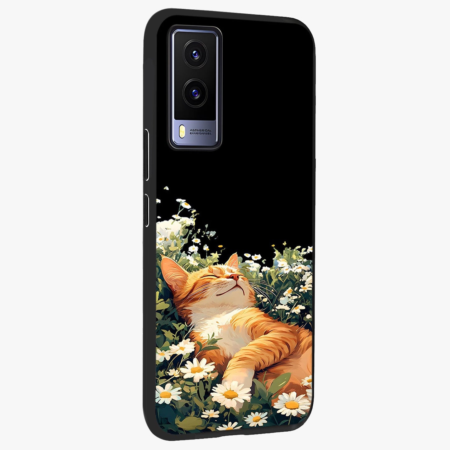 Blissful Bloom Cat Glass Case upright view showcasing charming cat design surrounded by blooming floral elements.