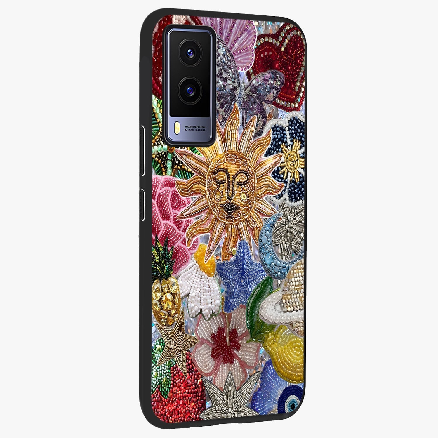 Celestial Floral and Playful Glass Case upright view showcasing whimsical floral artwork with cosmic aesthetic theme.