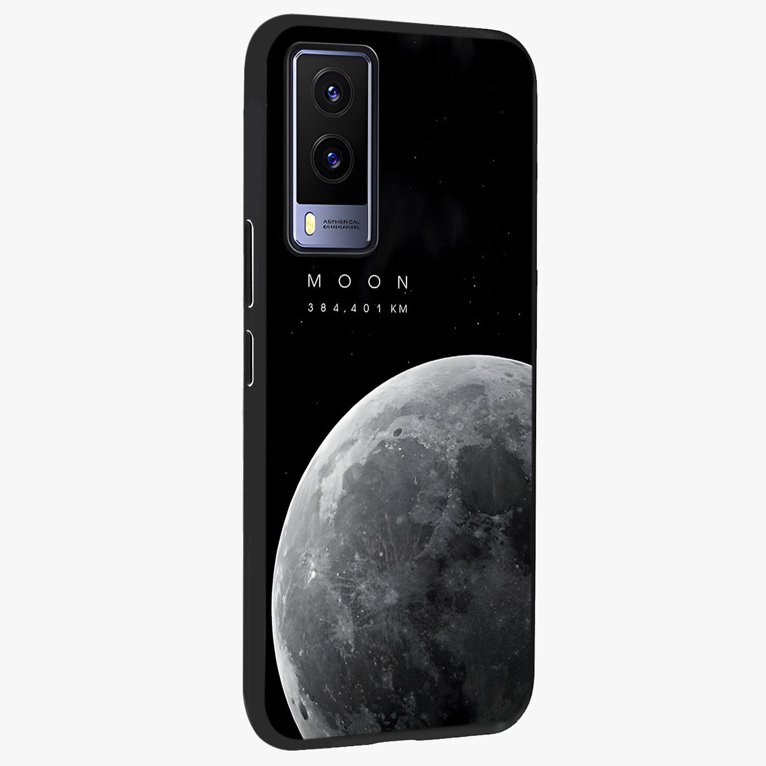 Cosmic Moon Glow Glass Case upright view showcasing luminous moon illustration with dreamy cosmic style.