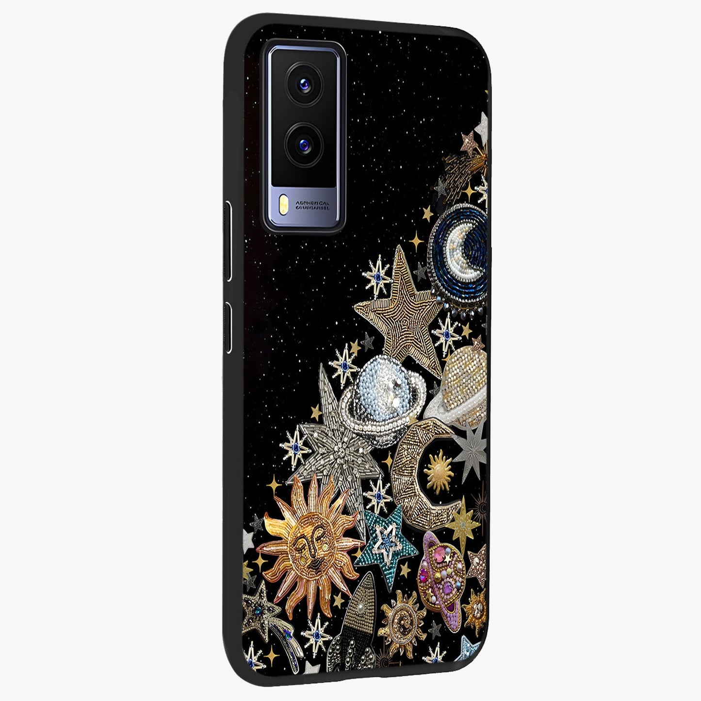 Cosmic Sparkle Dreams Glass Case upright view showcasing glowing cosmic artwork with magical galaxy theme.