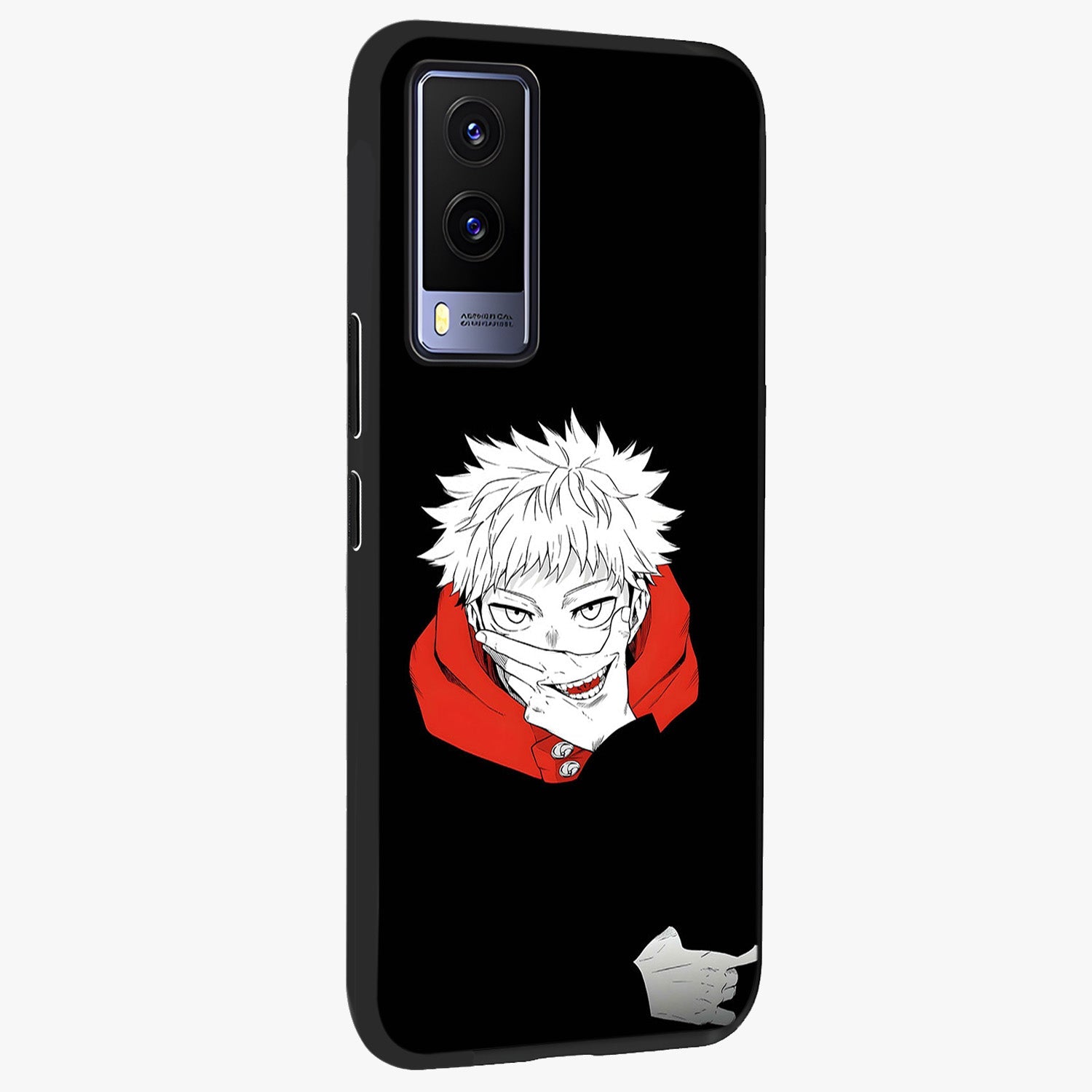 Crimson Chaos Smile Glass Case upright view showcasing expressive chaotic artwork with striking visual theme.
