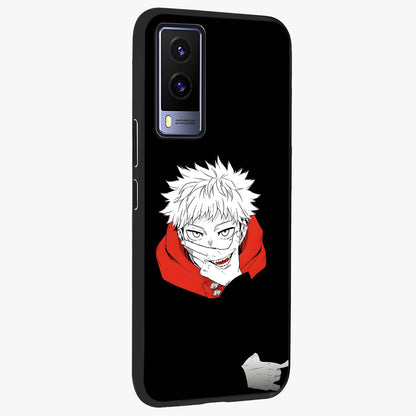 Crimson Chaos Smile Glass Case upright view showcasing expressive chaotic artwork with striking visual theme.