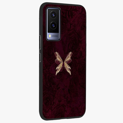 Crimson Fade Butterfly Glass Case upright view showcasing graceful butterfly artwork with soft crimson fade effect.