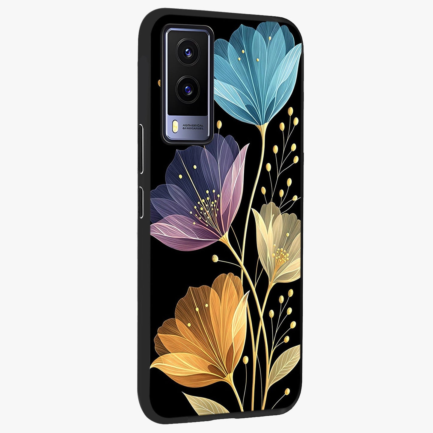 Delicate Multicolor Flowers Glass Case upright view showcasing delicate floral artwork with bright botanical theme.