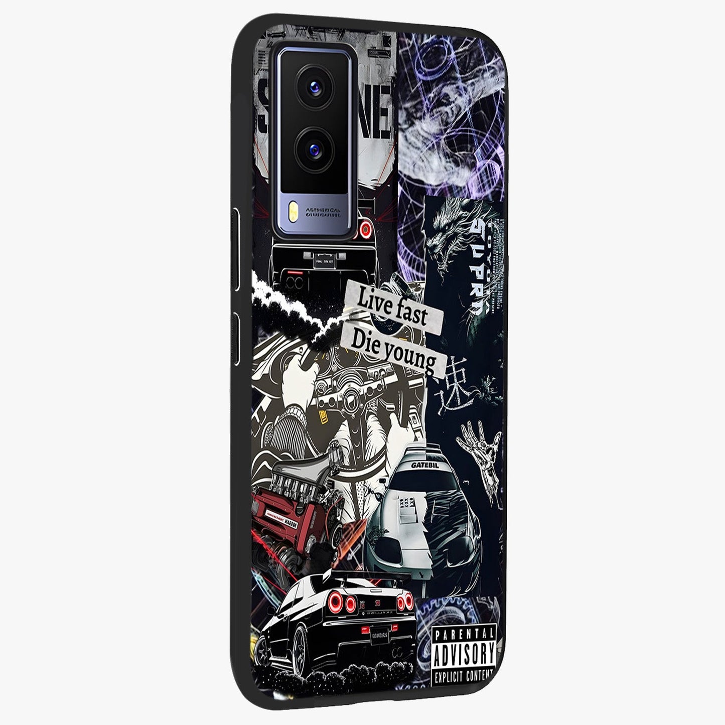 Die Young Glass Case upright view showcasing striking typography artwork with modern statement theme.