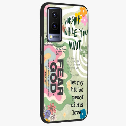 Faith Over Fear Glass Case upright view showcasing bold typography artwork with uplifting motivational theme.