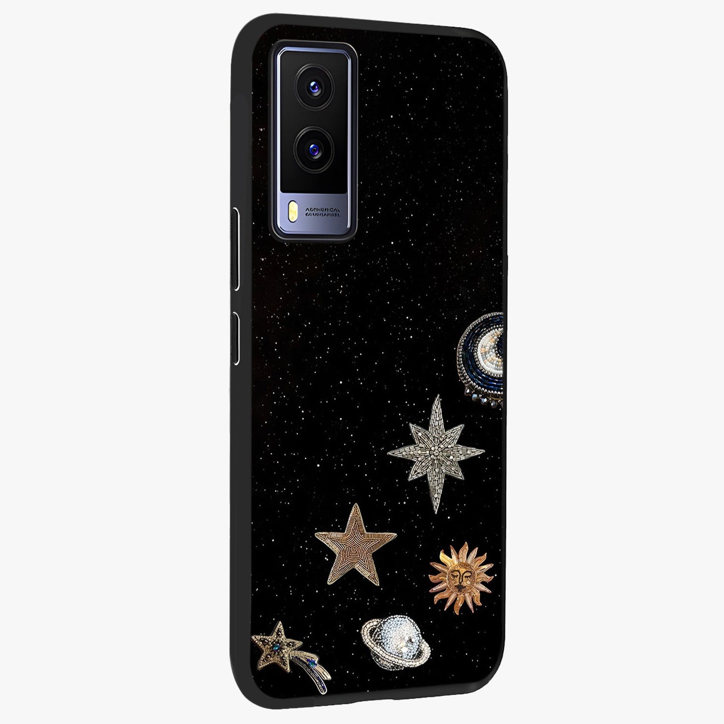 Galactic Charm Glow Glass Case upright view showcasing glowing cosmic charm artwork with magical celestial style.