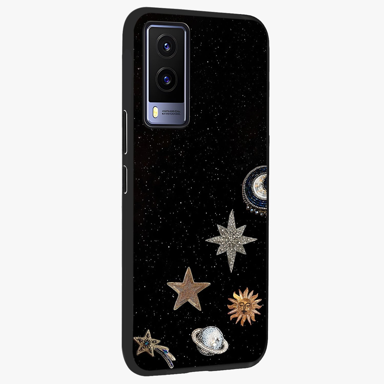 Galactic Charm Glow Glass Case upright view showcasing glowing cosmic charm artwork with magical celestial style.