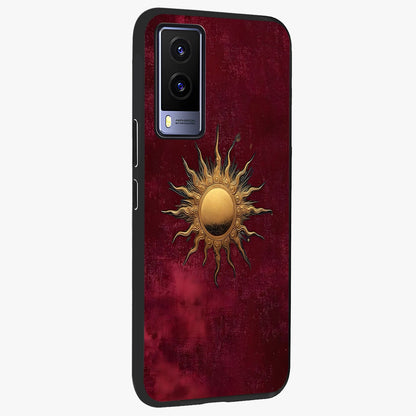 Golden Sun Minimalism Glass Case upright view showcasing simple golden sun artwork with elegant minimalist style.