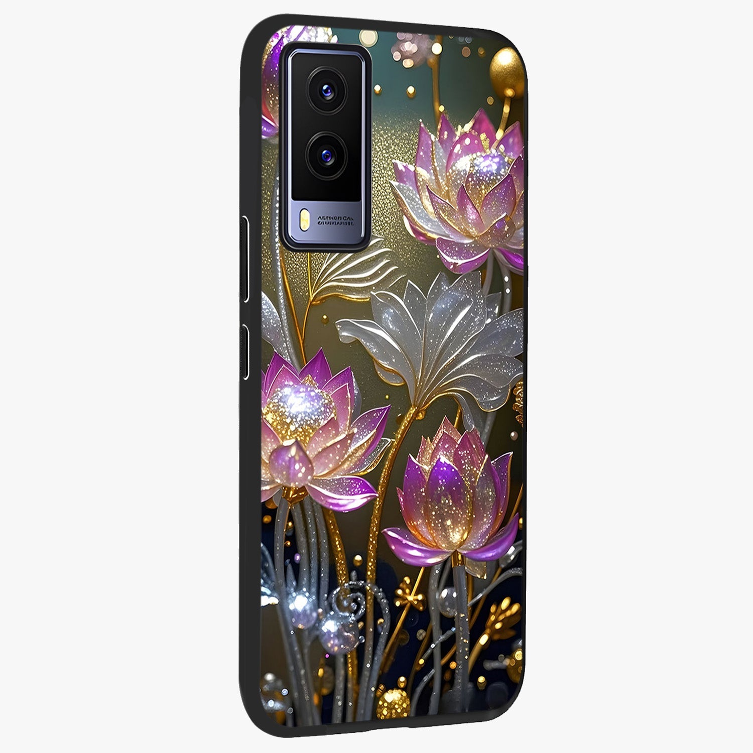 Golden Floral Majesty Glass Case upright view showcasing majestic floral artwork with rich decorative theme.