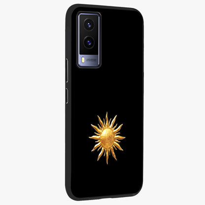 Golden Sun Minimalism Glass Case upright view showcasing haunting graveyard artwork with dramatic dark theme.