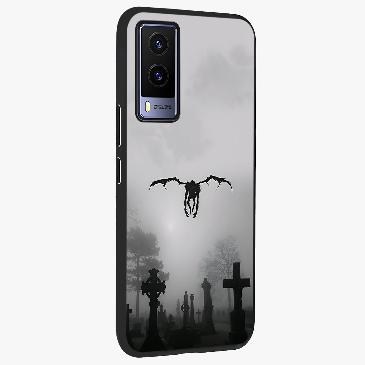Graveyard Shadow Descent Glass Case upright view showcasing haunting graveyard artwork with dramatic dark theme.