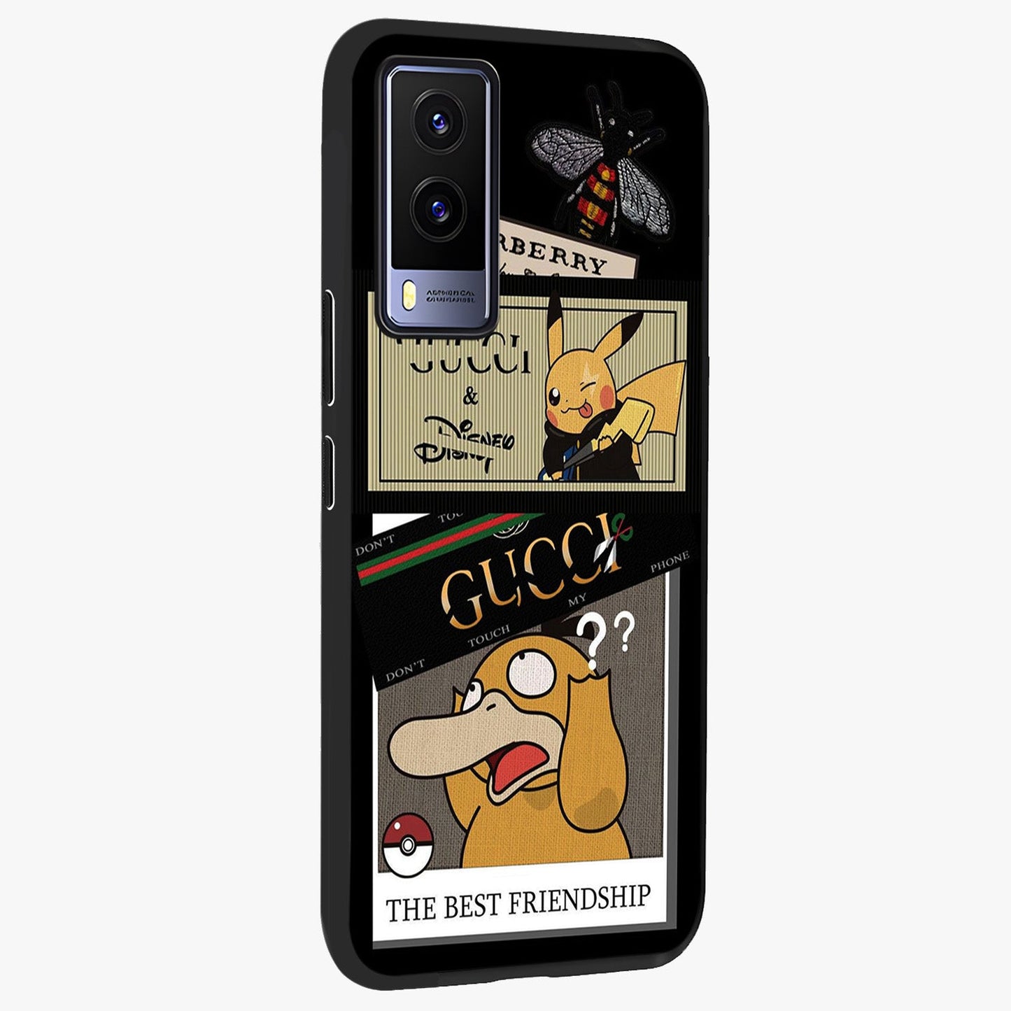 Gucci Play Mashup Glass Case upright view showcasing trendy luxury inspired artwork with modern fashion theme.