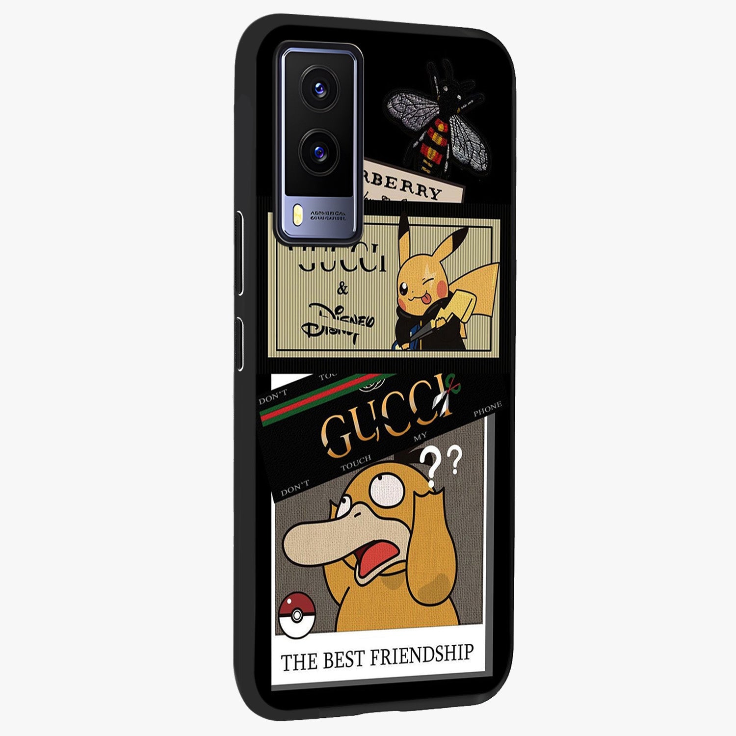 Gucci Play Mashup Glass Case upright view showcasing trendy luxury inspired artwork with modern fashion theme.