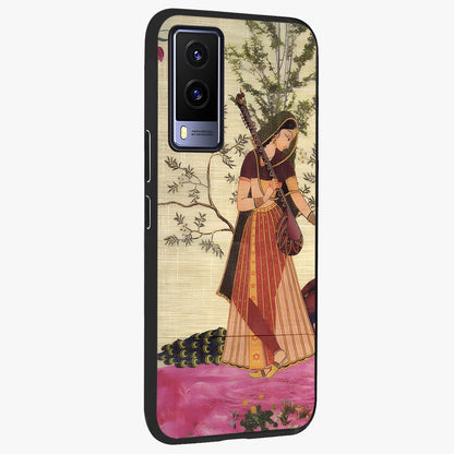 Lady With Veena Art Glass Case upright view showcasing classical veena artwork with traditional artistic theme.