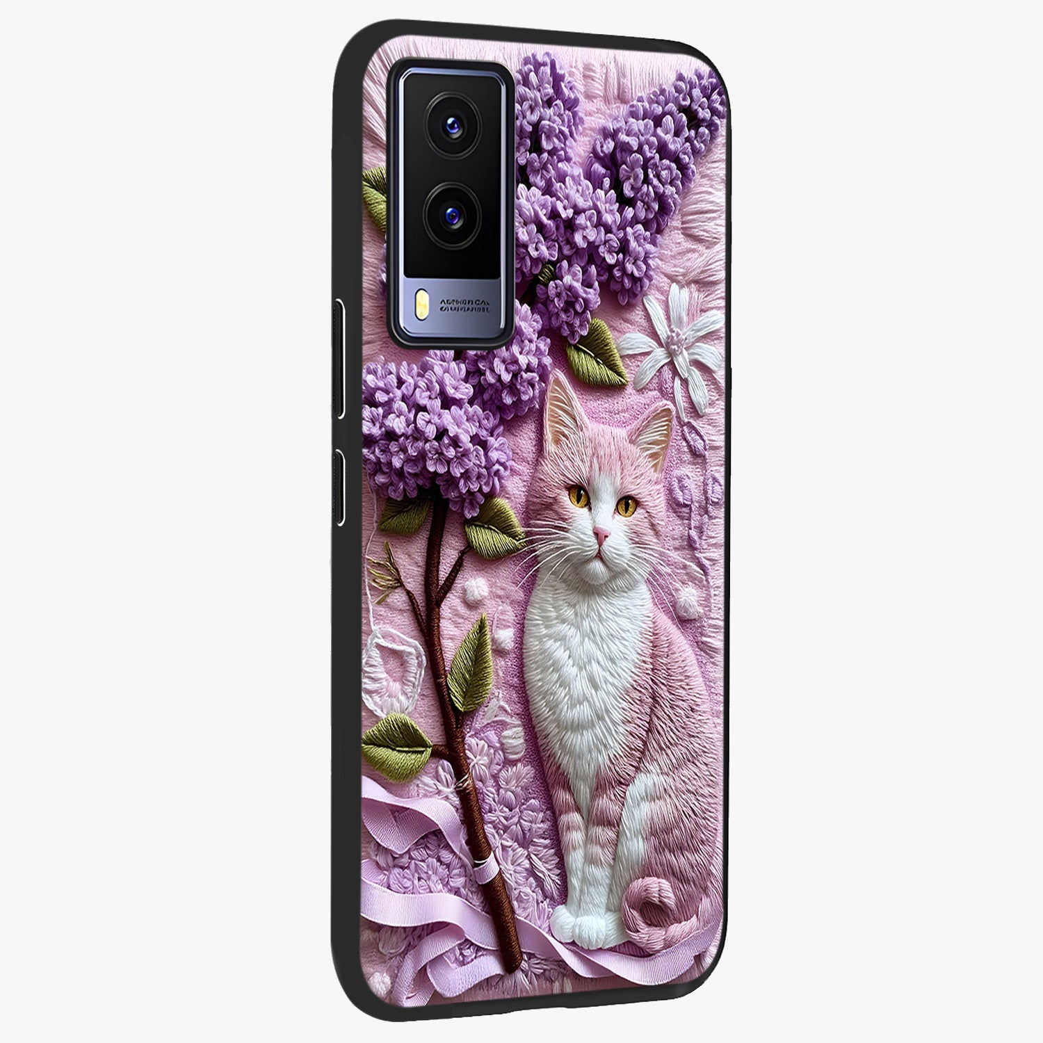 Lavender Cat Whimsy Glass Case upright view showcasing charming cat artwork with whimsical lavender theme.
