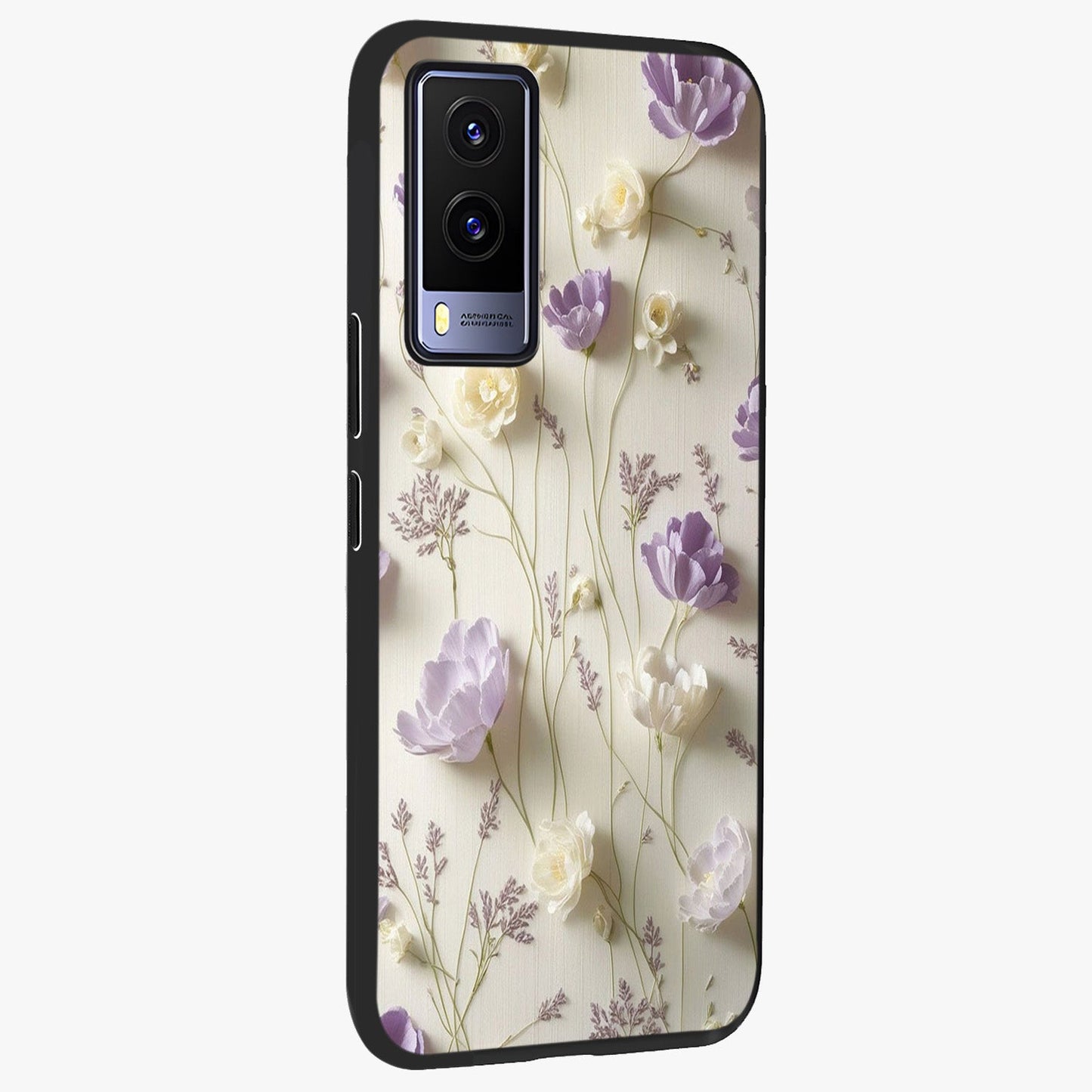Lilac Breeze Harmony Glass Case upright view showcasing delicate lilac artwork with peaceful floral theme.