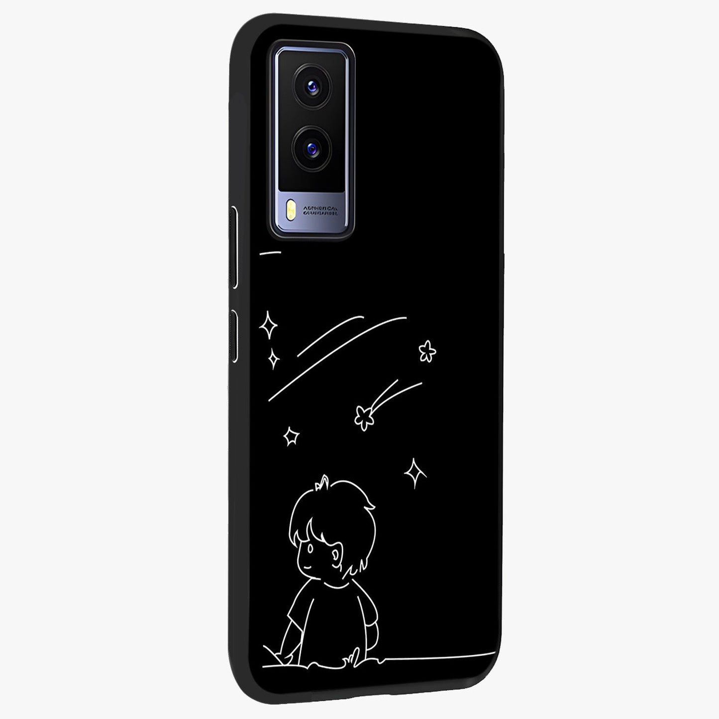Line Art Boy With Shooting Stars Glass Case upright view showcasing artistic shooting star illustration with minimal style.