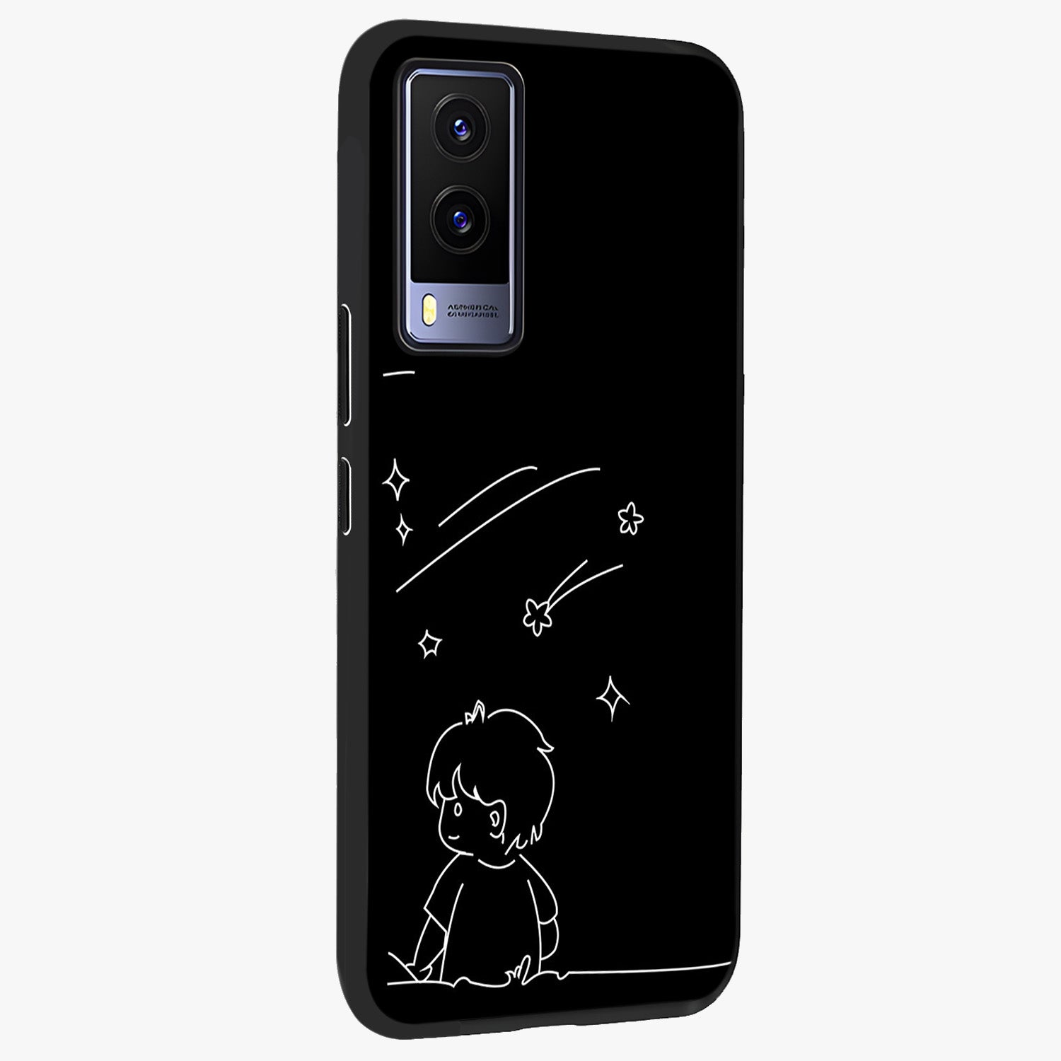 Line Art Boy With Shooting Stars Glass Case upright view showcasing artistic shooting star illustration with minimal style.