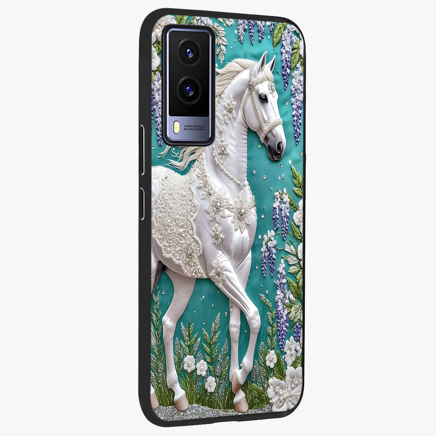 Majestic Floral Stallion Glass Case upright view showcasing dramatic horse artwork with decorative floral theme.