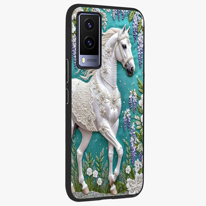 Majestic Floral Stallion Glass Case upright view showcasing dramatic horse artwork with decorative floral theme.