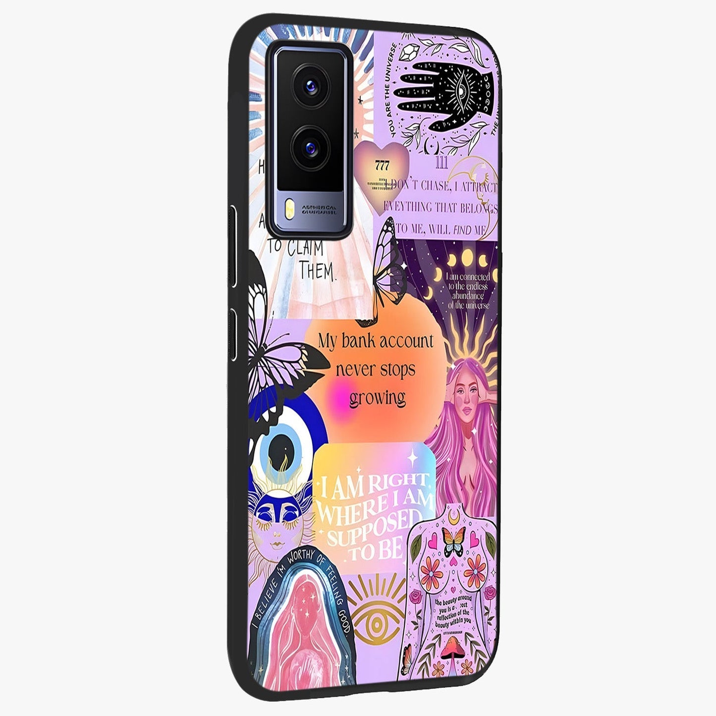 Manifestation Collage Glass Case upright view showcasing artistic manifestation themed artwork with creative style.