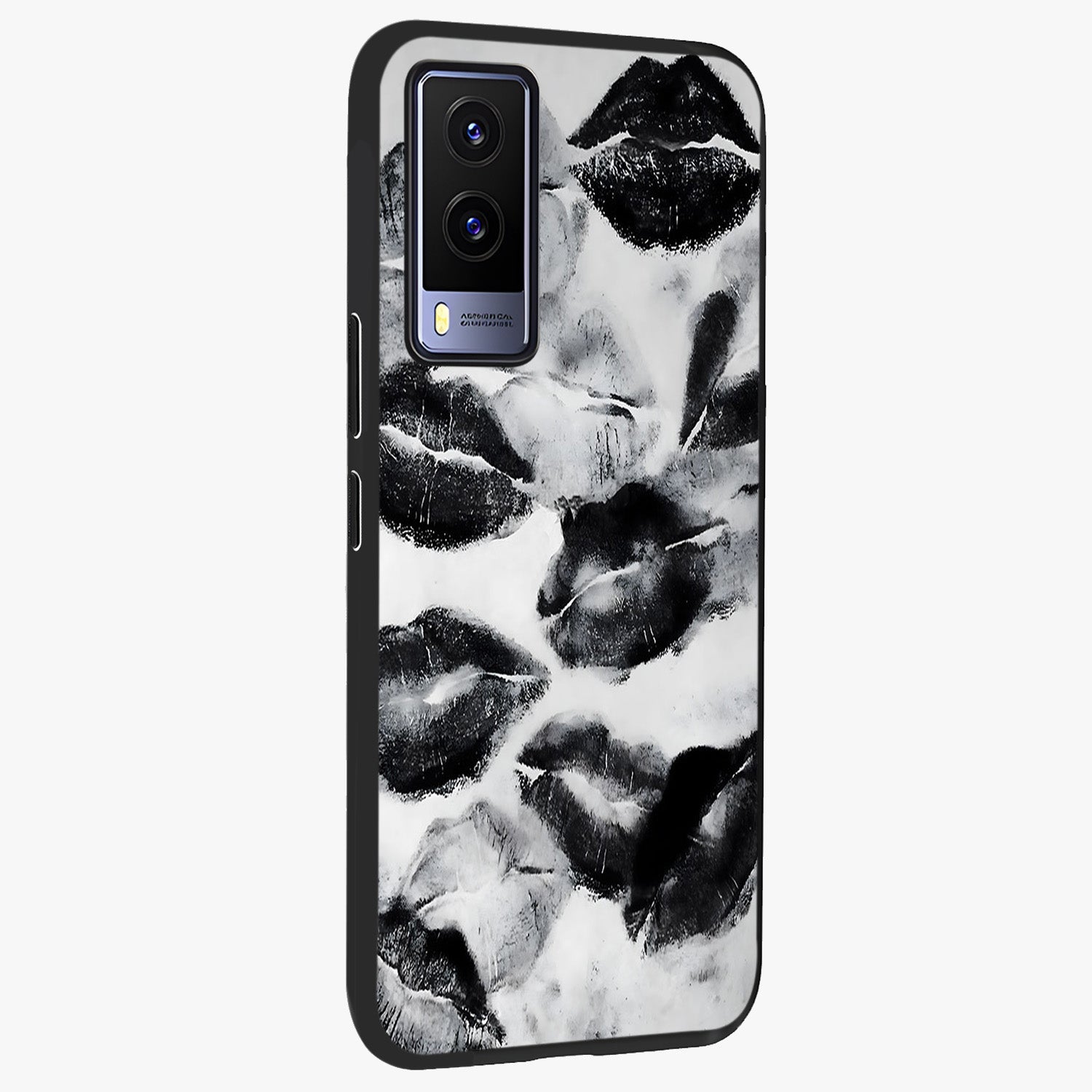 Midnight Kiss Marks Glass Case upright view showcasing stylish kiss mark artwork with trendy romantic theme.