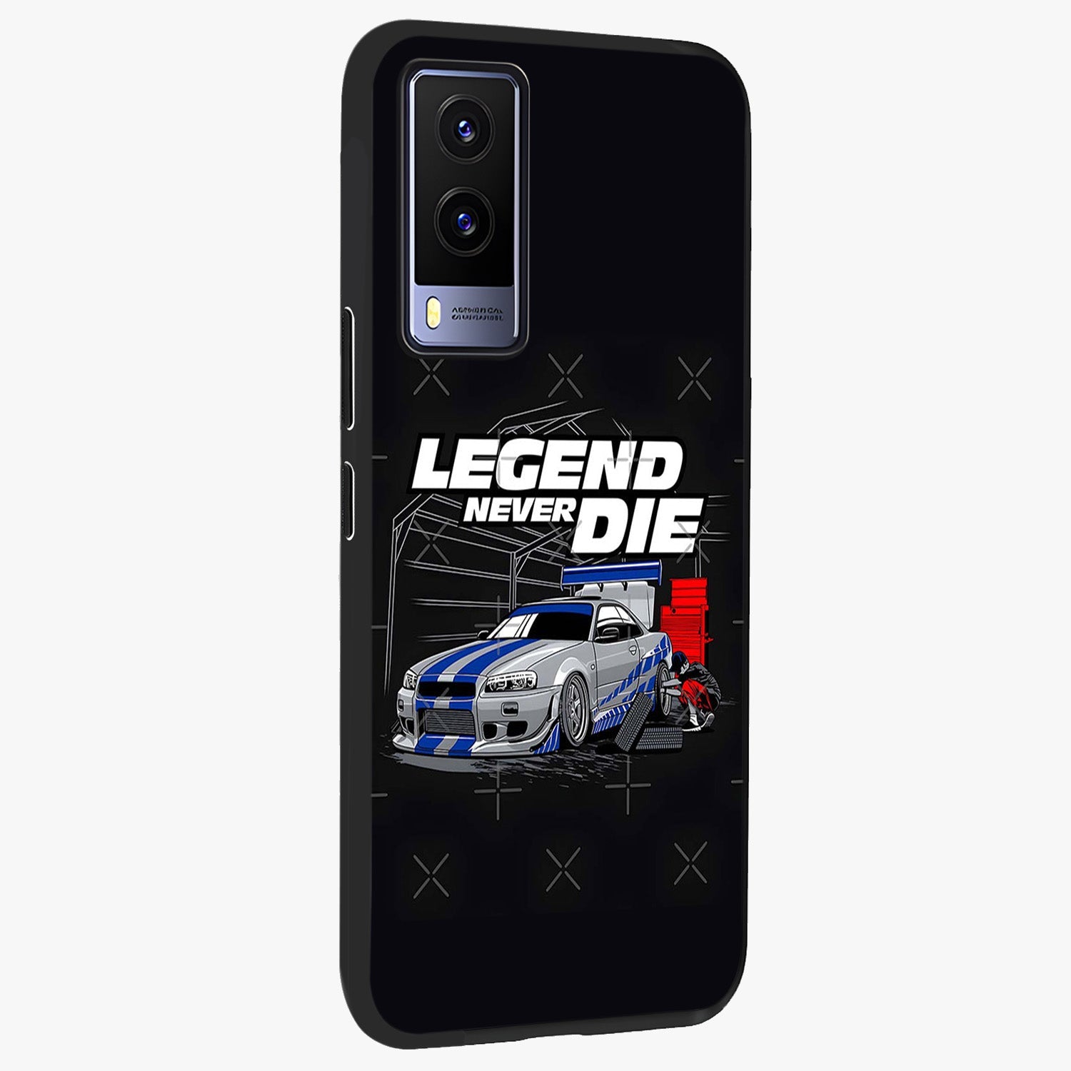 Midnight Racing Legacy Glass Case upright view showcasing powerful racing artwork with modern sports theme.