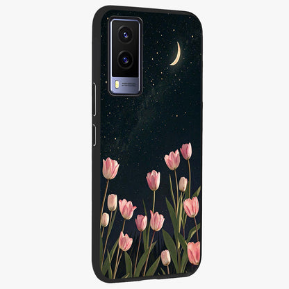 Midnight Tulip Whispers Vibe Glass Case upright view showcasing graceful tulip artwork with calm botanical theme.