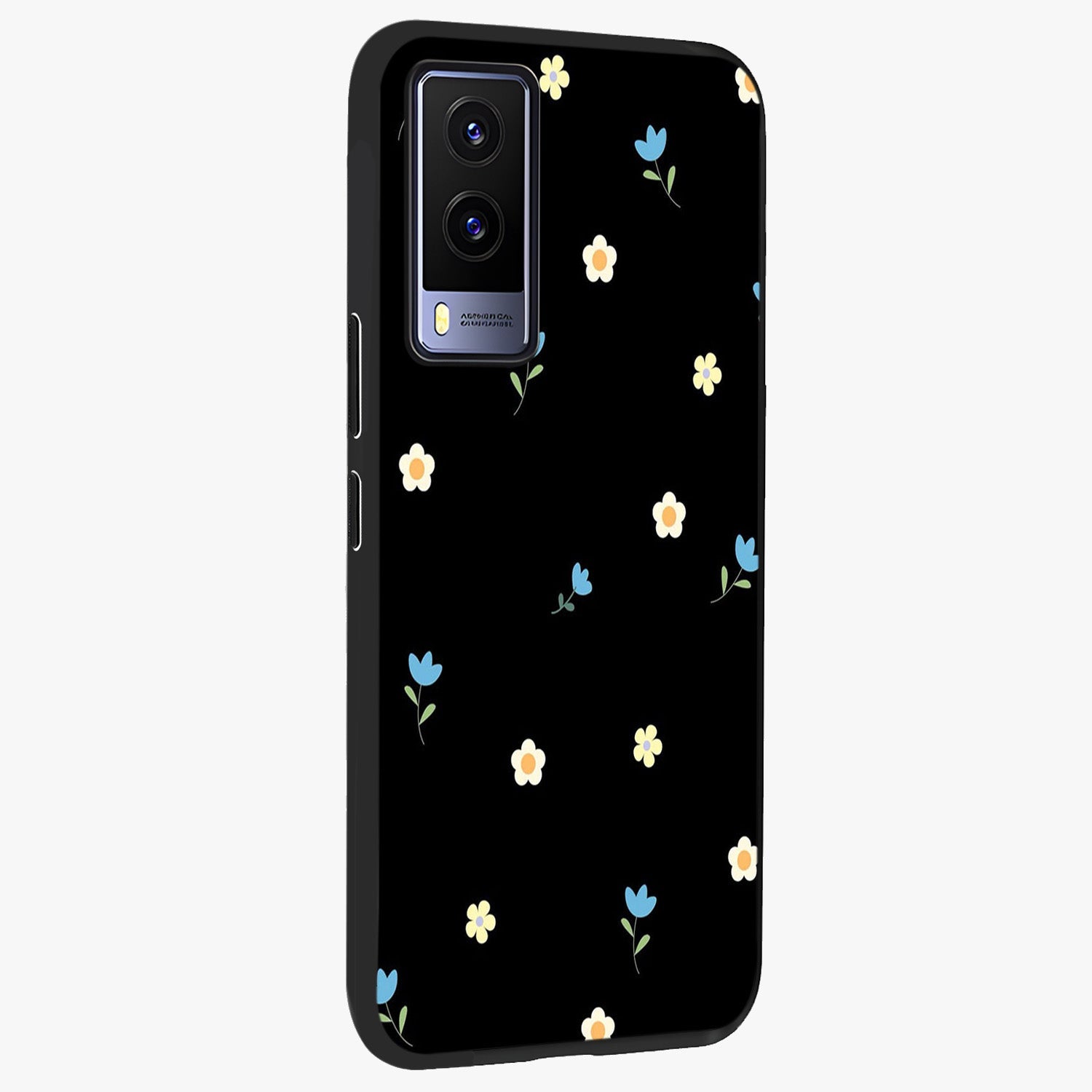 Minimalistic Blue With White Flower Pattern Glass Case upright view showcasing clean white flower artwork with calming blue theme.