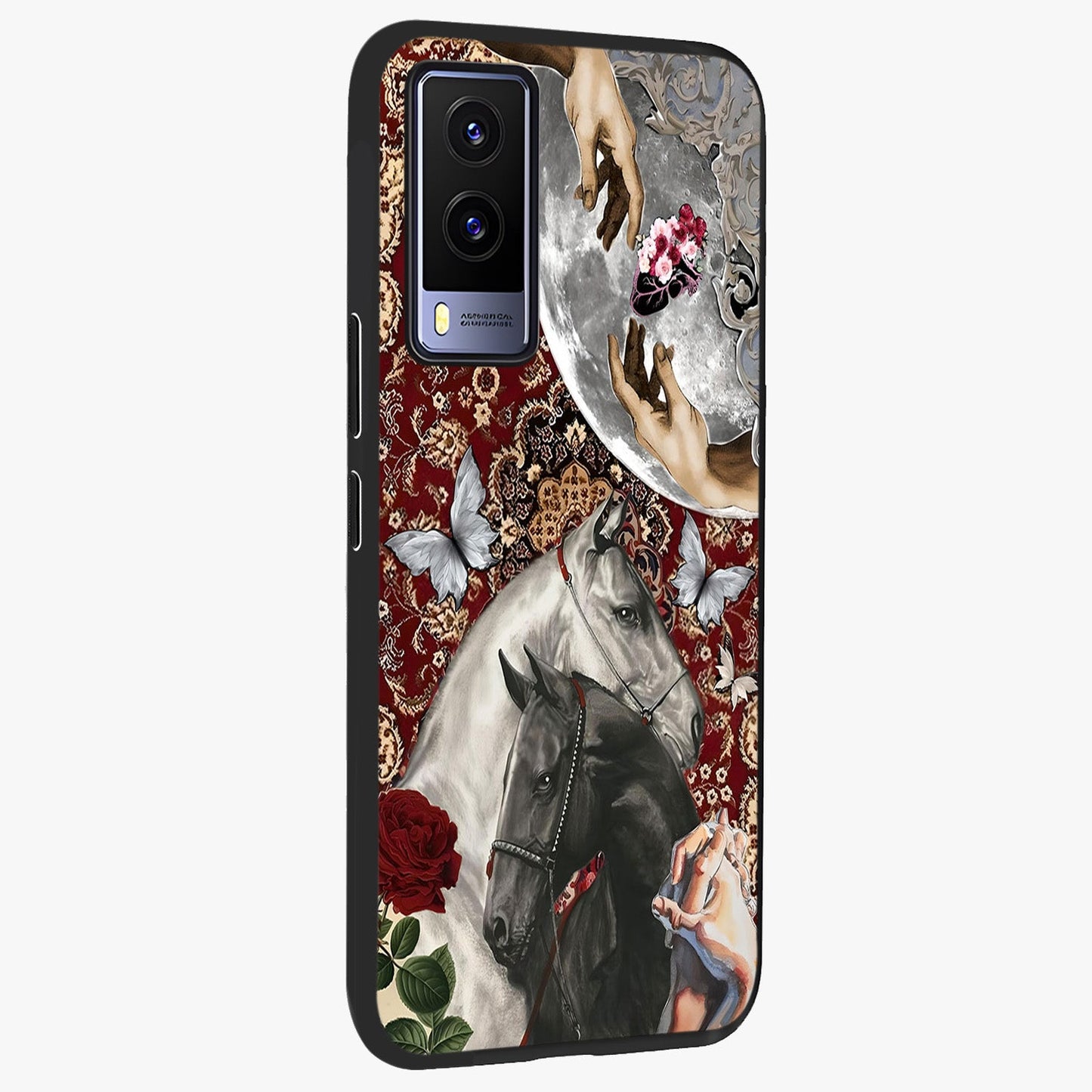 Moonlit Royal Stallion Glass Case upright view showcasing dramatic horse artwork with glowing moon themed design.