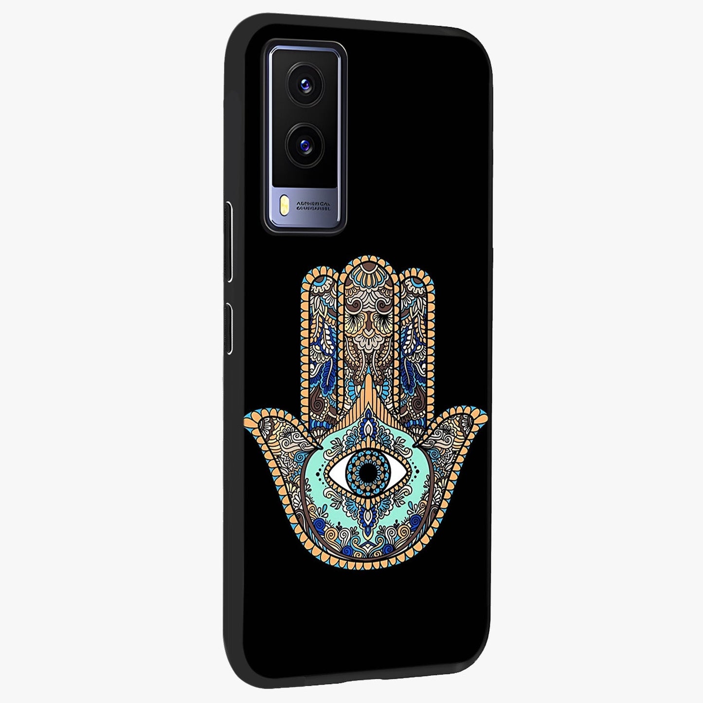 Mystic Hamsa Eye Glass Case upright view showcasing detailed hamsa eye artwork with protective spiritual theme.