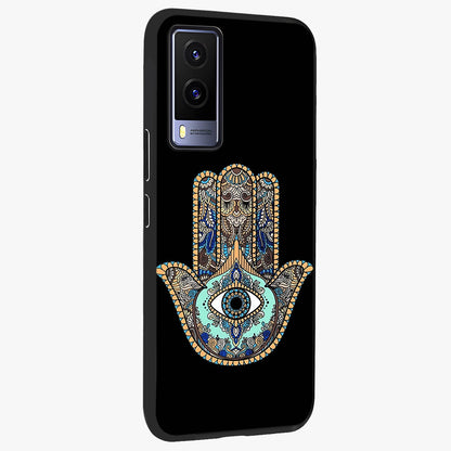 Mystic Hamsa Eye Glass Case upright view showcasing detailed hamsa eye artwork with protective spiritual theme.