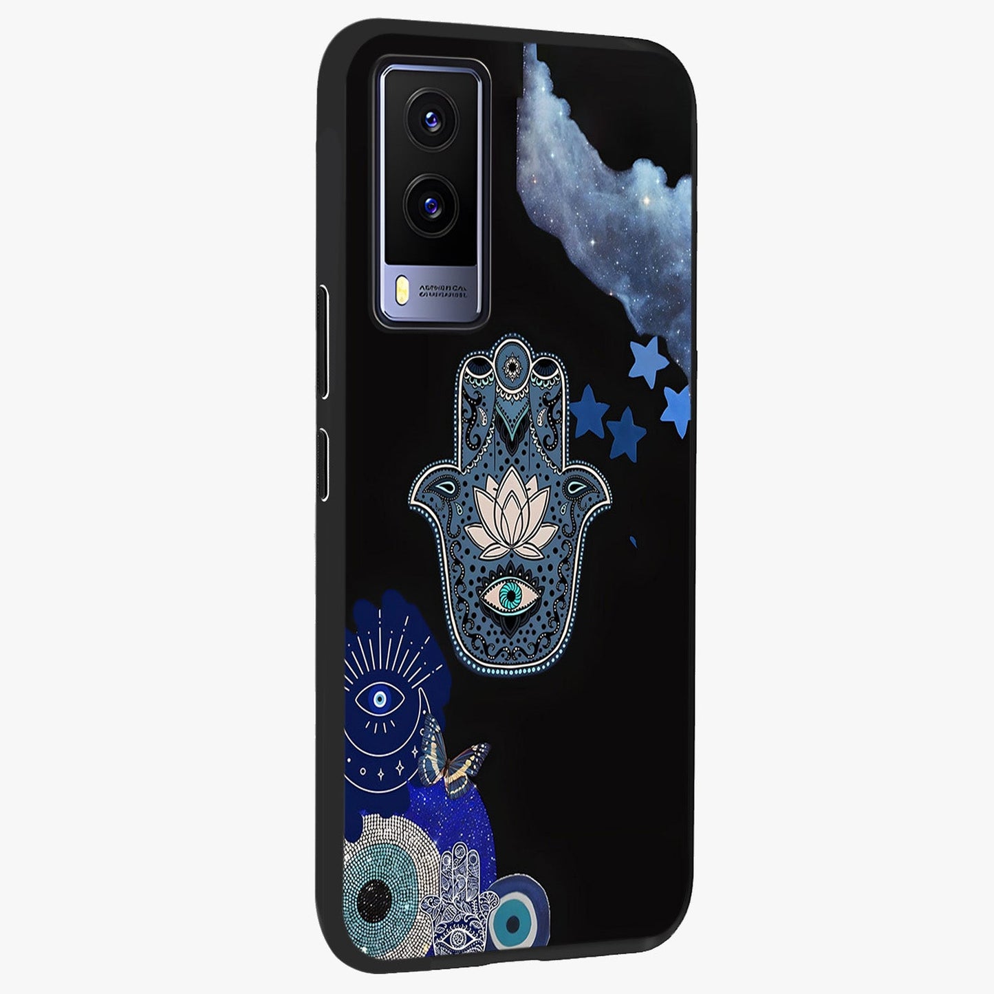 Mystic Hand Aura Glass Case upright view showcasing symbolic hand artwork with mystical energy theme.
