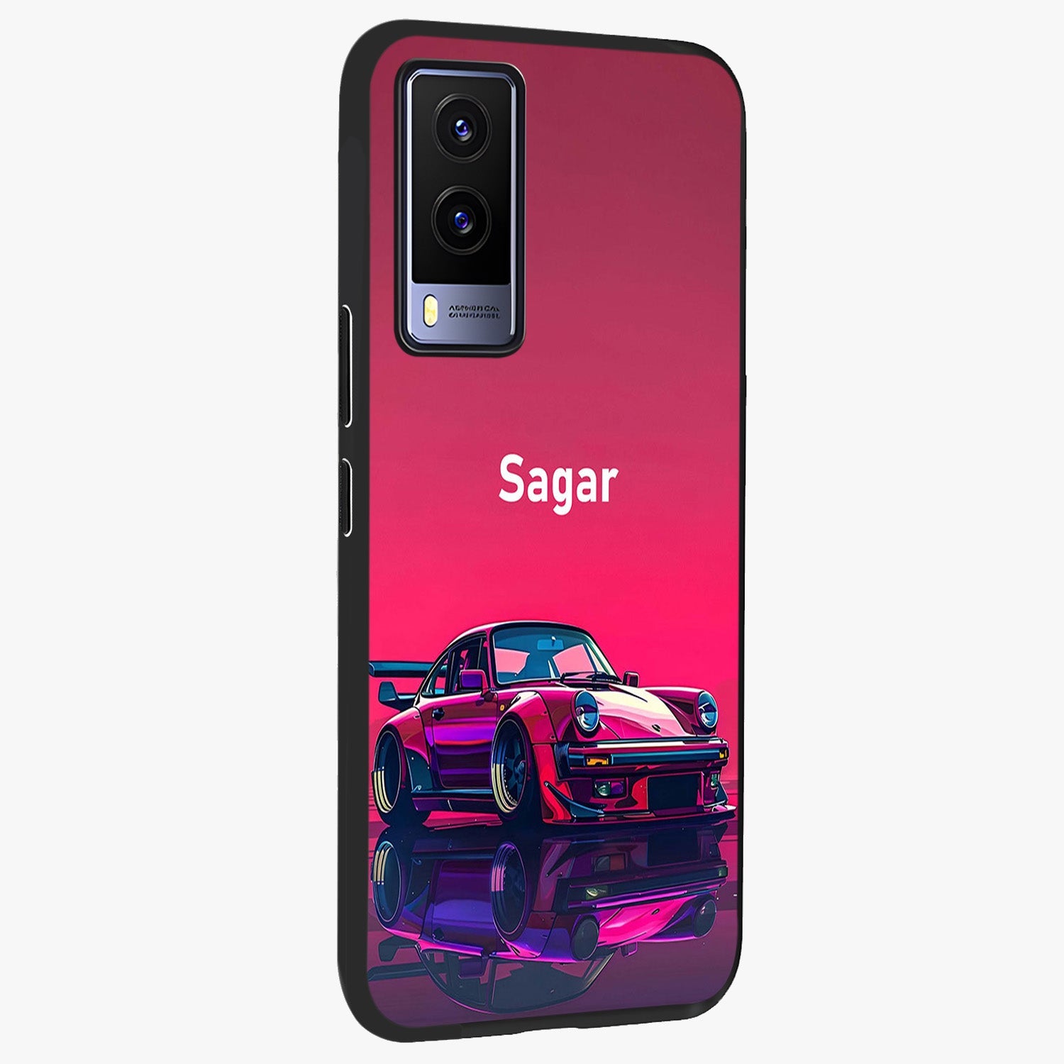 Neon Pink Porsche Glass Case upright view showcasing vibrant sports car artwork with bold automotive theme.