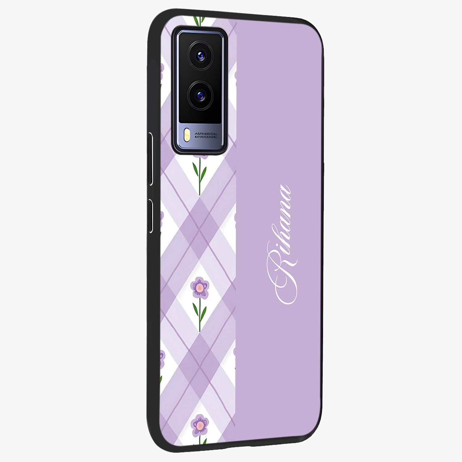 Purple Diamond Floral Glass Case upright view showcasing vibrant floral artwork with stylish geometric theme.
