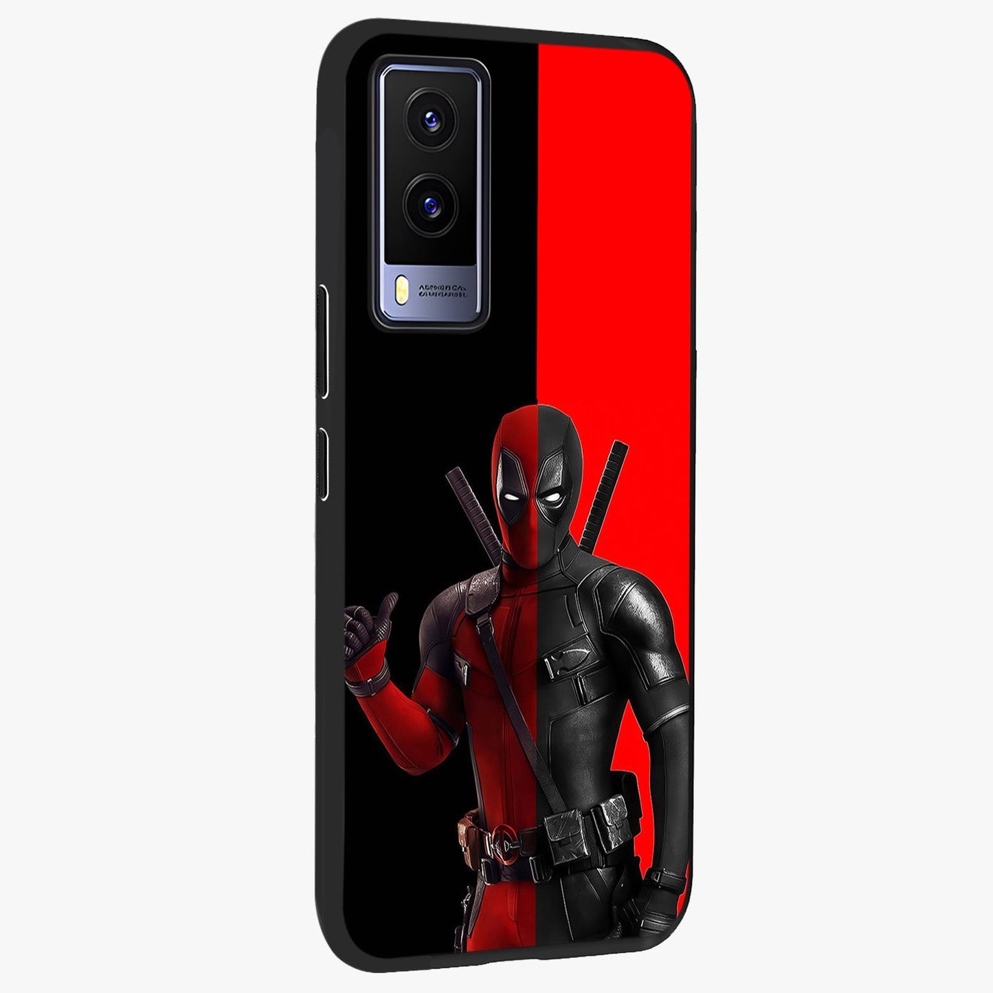 Red & Black Deadpool Theme Glass Case upright view showcasing energetic comic themed artwork with striking red and black design.