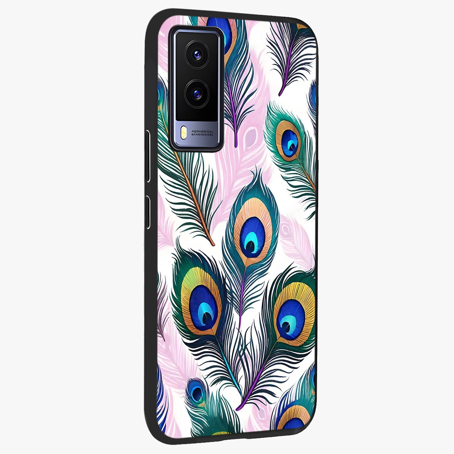 Royal Peacock Feathers Glass Case upright view showcasing elegant peacock feather artwork with decorative royal theme.