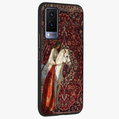 Royal Rider Tapestry Glass Case upright view showcasing detailed rider artwork with classic tapestry theme.