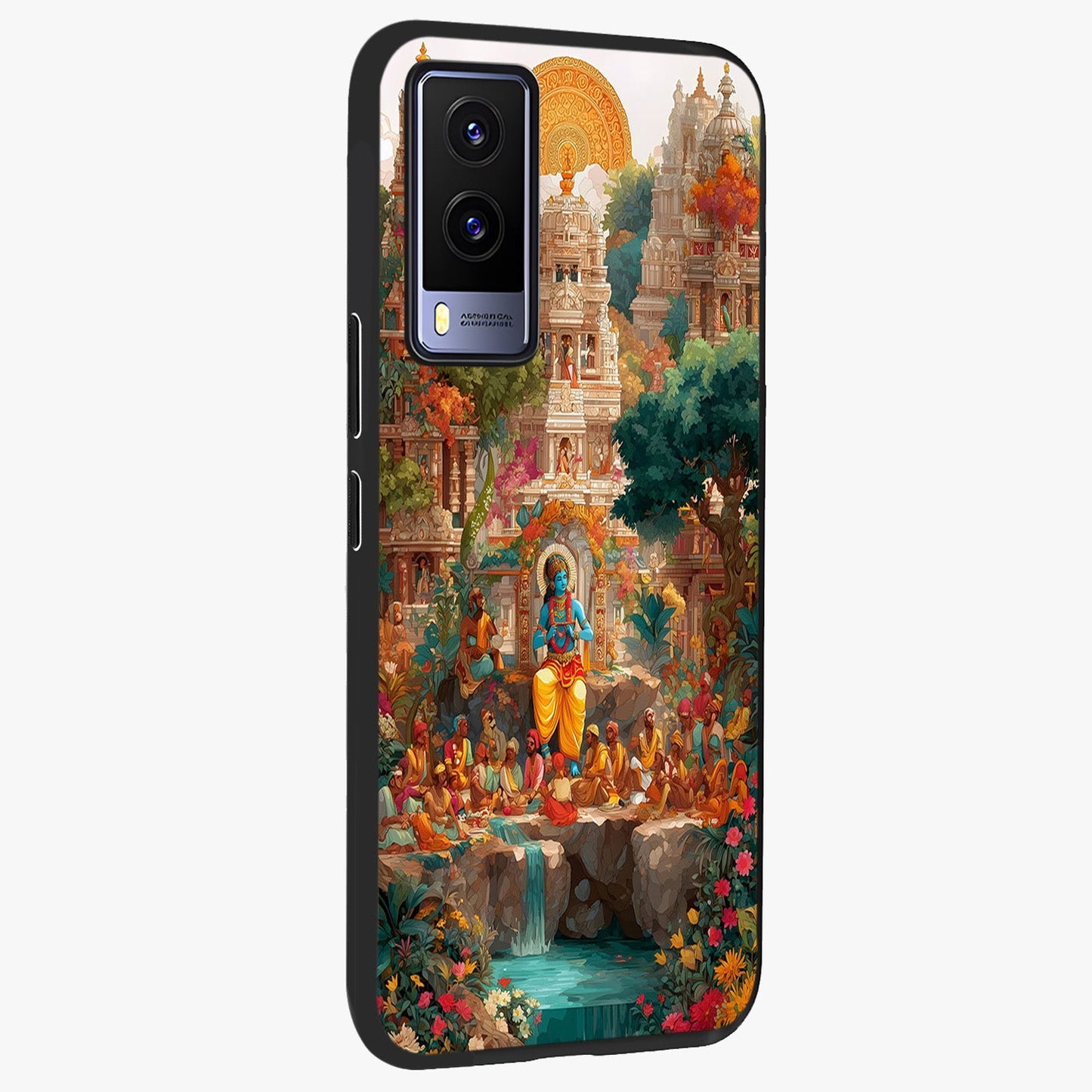 Sacred Sunlight Gods Glass Case upright view showcasing glowing divine artwork with sacred mythological theme.
