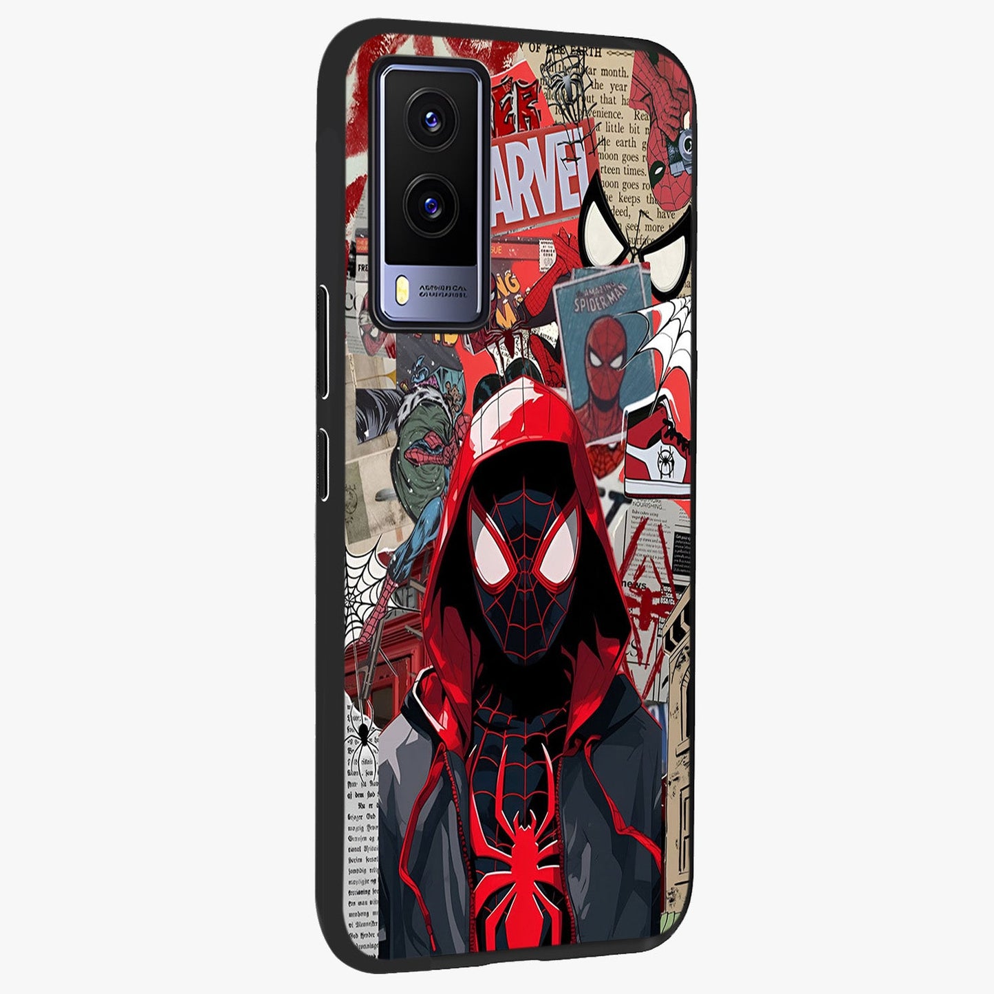 Spider Collage Street Glass Case upright view showcasing bold superhero artwork with urban street theme.