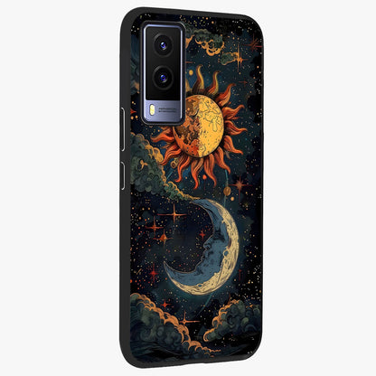 Sun And Moon Magic Design Glass Case upright view showcasing decorative sun and moon artwork with spiritual celestial theme.