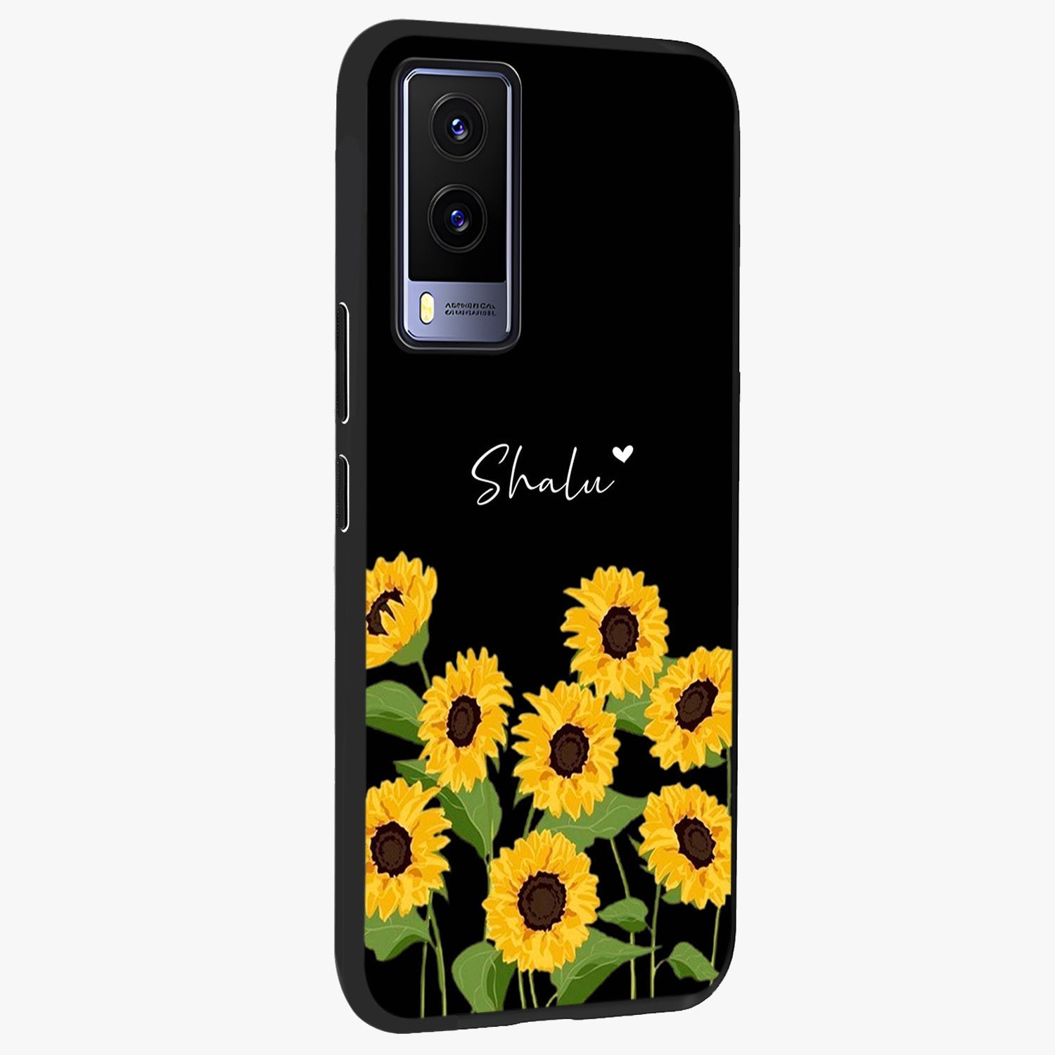 Sunflower Chic Mood Custom Name Glass Case upright view showcasing cheerful sunflower artwork with trendy floral theme.
