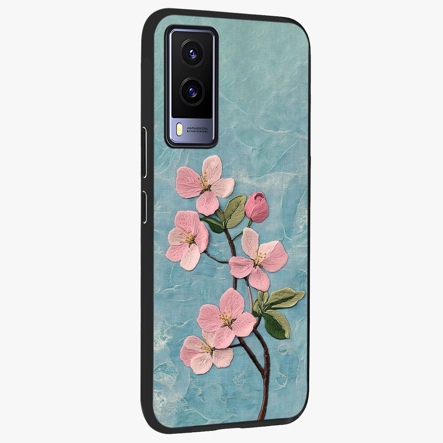 Threaded Blossom Breeze Glass Case upright view showcasing graceful flower artwork with calm botanical theme.