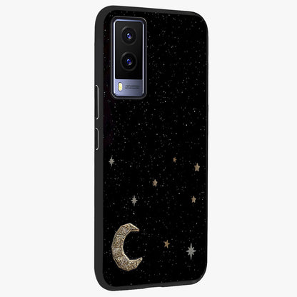 Twinkle Star With Half Moon Glass Case upright view showcasing glowing cosmic artwork with dreamy night theme.